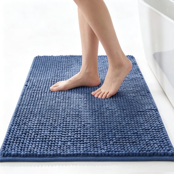 MudFree Chenille Bathroom Rugs, Quick Dry Washable Microfiber Bath Mat, Blue, 24"X16"