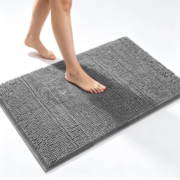MudFree Chenille Bathroom Rugs, Rubber Back Non Slip Quick Dry Washable Bath Mat, Dark Grey, 24"X16"