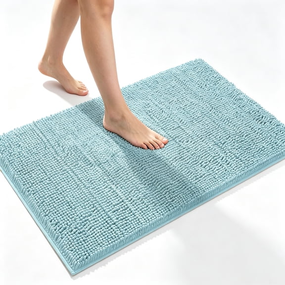 MudFree Chenille Bathroom Rugs, Rubber Back Non Slip Quick Dry Washable Bath Mat, Sky Blue, 24"X16"