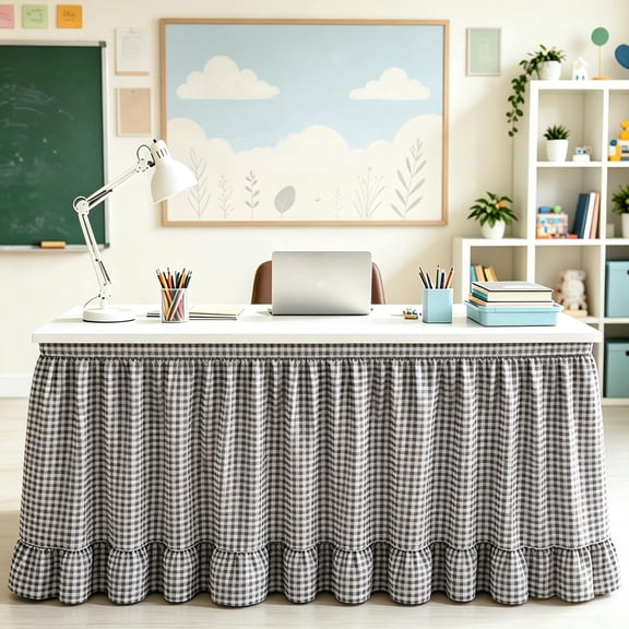 MudFree Teacher Desk Skirt 6 ft Black Gingham Desk Decor, Table Skirt for Office Classroom Home Party Table Cover