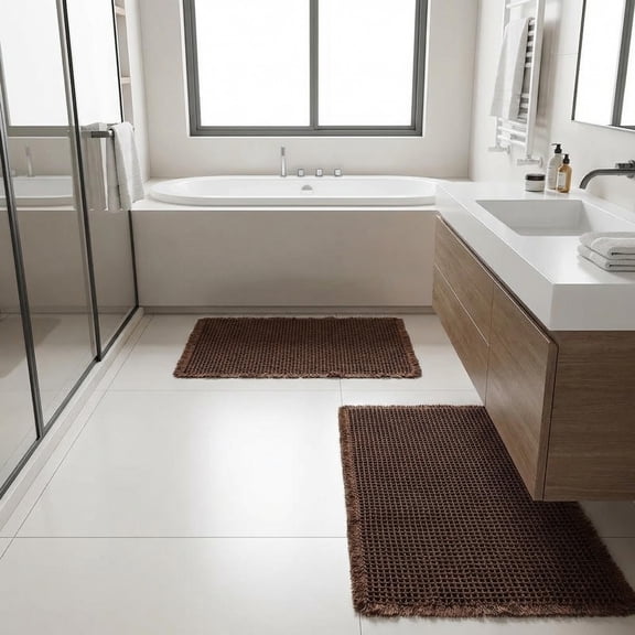 MudFree Waffle Bathroom Rugs Sets 2 Piece, Modern Woven Boho Bath Mat for Tub Non Slip, Super Absorbent Washable Floor Mat with Tassels for Bedroom Kitchen, Coffee