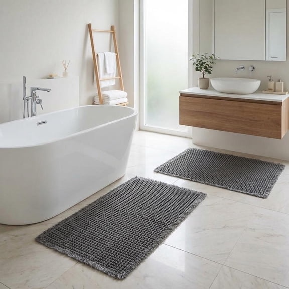MudFree Waffle Bathroom Rugs Sets 2 Piece, Modern Woven Boho Bath Mat for Tub Non Slip, Super Absorbent Washable Floor Mat with Tassels for Bedroom Kitchen, Gray