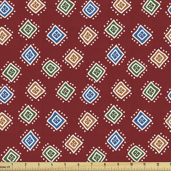 Mudcloth Sofa Upholstery Fabric by the Yard, Native Folkloric Boho Inner Squares with Little Dots Pattern, Decorative Fabric for DIY Home Accents, 10 Yards, Ruby Blue Green by Ambesonne