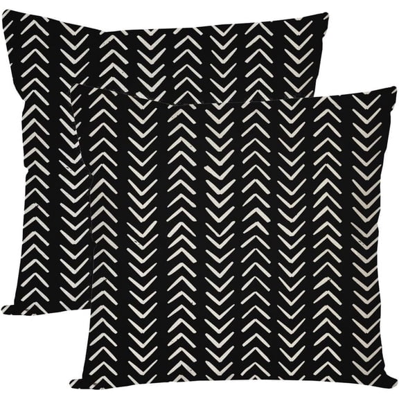 Mudcloth Throw Pillow Covers 18x18 Inch Set of 2 Modern Black Herringbone Boho Bohemian Chevron Outdoor Decorations Decorative Throw Pillows Cases for Home Living Room Couch Decor