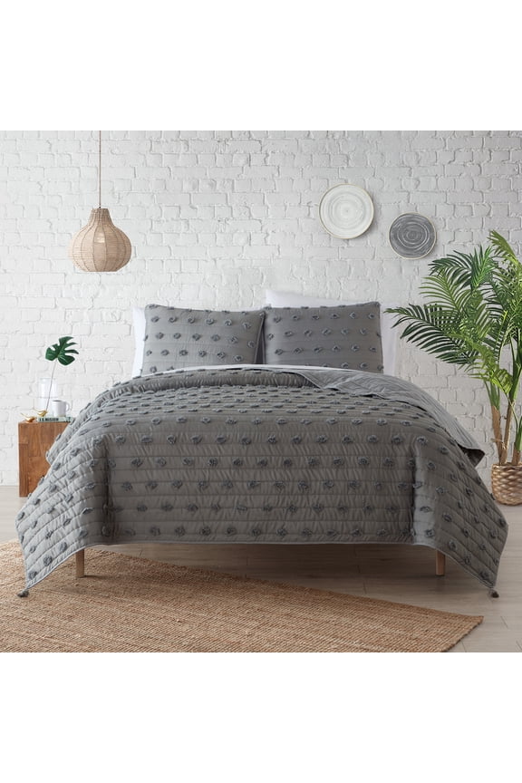 Eyelash 2 Piece Twin Microfiber Quilt Set, Grey