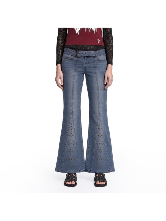 Junior's Flare Jeans with Belt and Grommet Detailing - Fashion Denim Pants for Women (Sizes 0-13)
