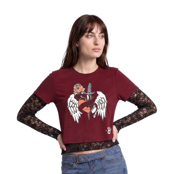 Mudd Junior's Long Sleeve Mock Tee - Graphic Print, Rhinestone Embellished Lace Sleeve T-Shirt for Women (Sizes S-XL)
