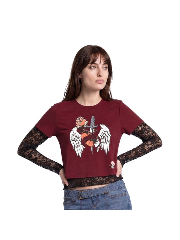Junior's Long Sleeve Mock Tee - Graphic Print, Rhinestone Embellished Lace Sleeve T-Shirt for Women (Sizes S-XL)