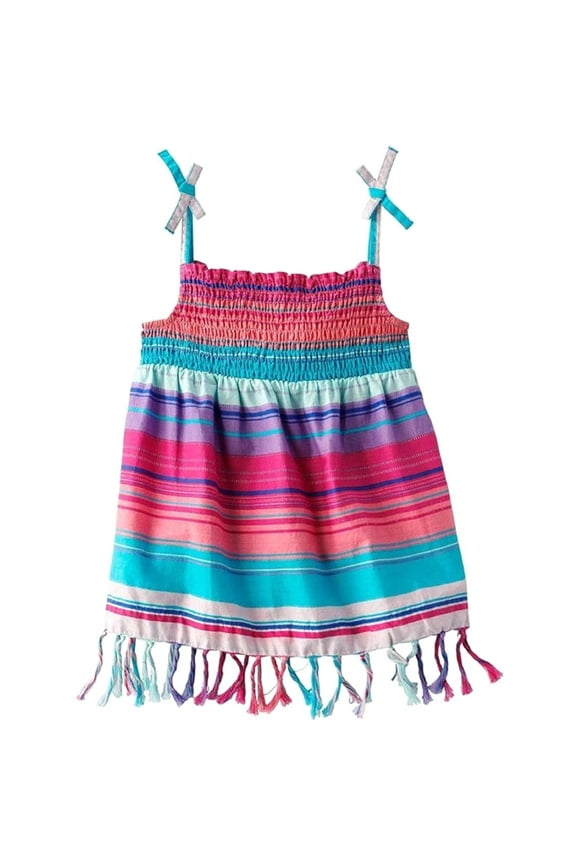 Little Girls Blue Shoulder Tie Tank Top with Fringe Bottom Medium (5)