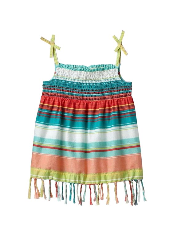Little Girls Green Shoulder Tie Tank Top with Fringe Bottom - Large (6)