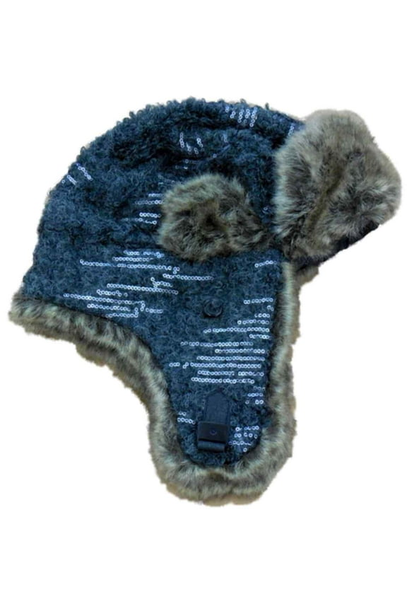 Women's Gray Knit Trapper Style Hat With Faux Fur Lining
