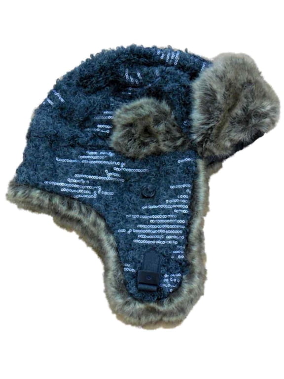 Women's Gray Knit Trapper Style Hat With Faux Fur Lining