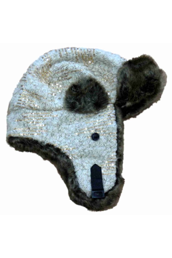Women's Off White Knit Trapper Style Hat With Faux Fur Lining