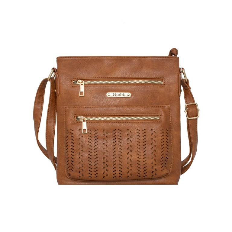 Mudd Women's Vegan Leather Cognac Perforated Cross Body With