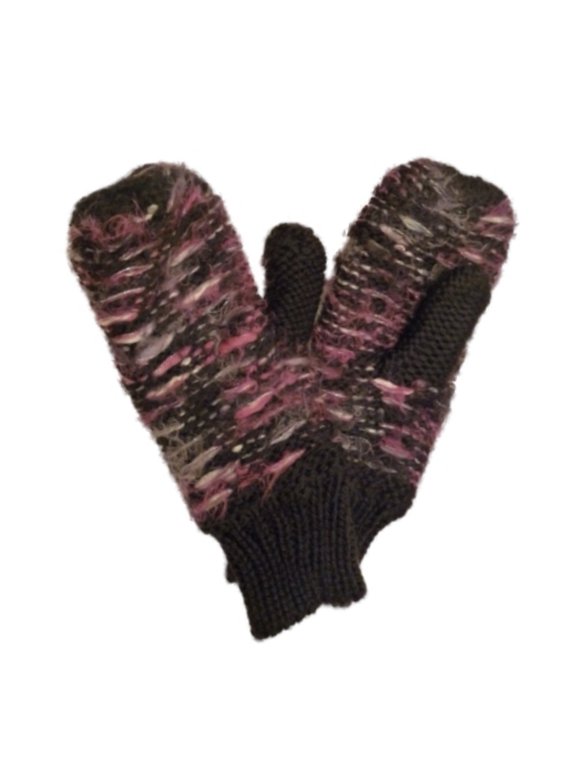 Womens Soft Black & Purple Knit Mittens with Fleece Lining