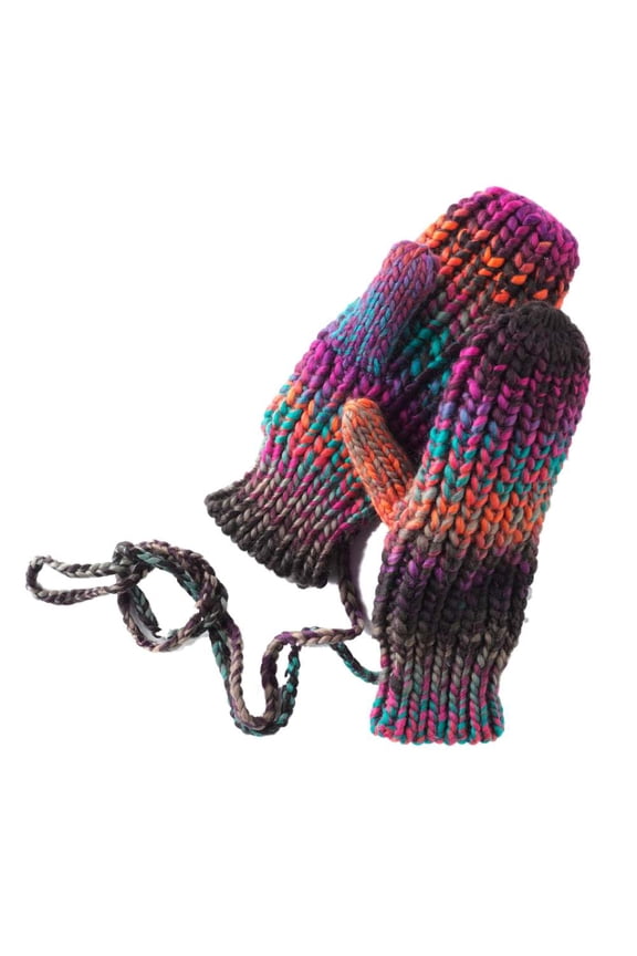 Womens Soft Orange & Purple Knit Mittens with String Attachment
