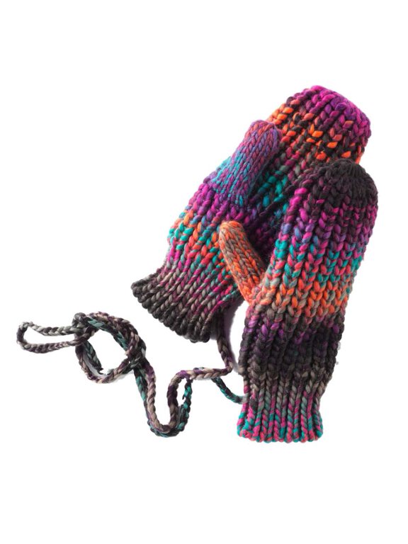 Womens Soft Orange & Purple Knit Mittens with String Attachment