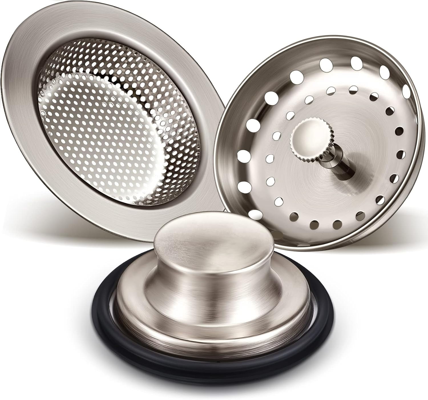 3 Pcs Kitchen Sink Drain Strainer and Stopper Stainless Steel Garbage Disposal Plug with Handle Universal Anti-Clogging Kitchen Sink Filter Sieve Basket Strainer(Brushed Silver)