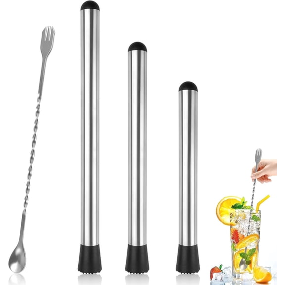 Muddler for Cocktails, 4 Pack Cocktail Muddler 8" 10" 12" and Bar Spoon Set, Stainless Steel Muddler Tool for Mojitos Fruit Lemon Drinks Party, Lemonade Stand Supplies, Bar Accessories
