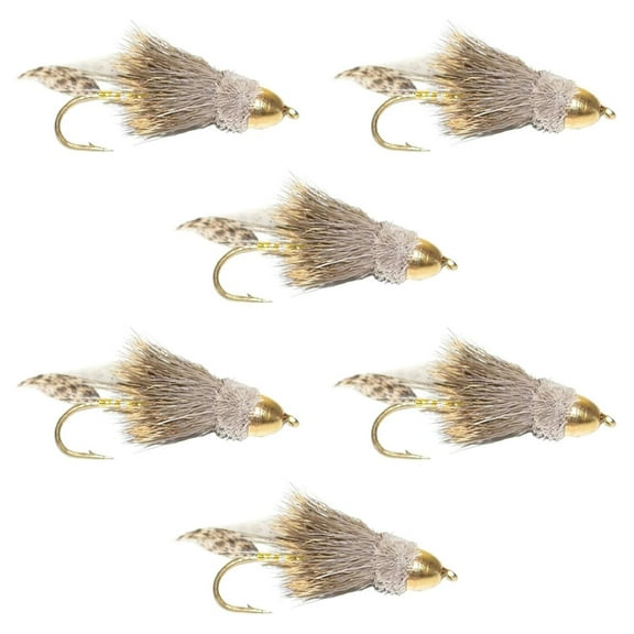 Muddler Minnow Fly Fishing Flies - Classic Streamers for Trout, Bass, Salmon - Set of 6, Size 8 Natural Muddler Hook Size 8