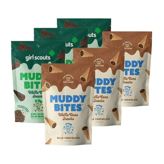 Muddy Bites Cone YPF5 Snacks Bite Sized Chocolate Cones for Snack or Dessert, Milk Chocolate & Girl Scout Thin Mints, Made with Pure Cane Sugar, Non-GMO, Kosher (Variety Pack, 6 Bags)