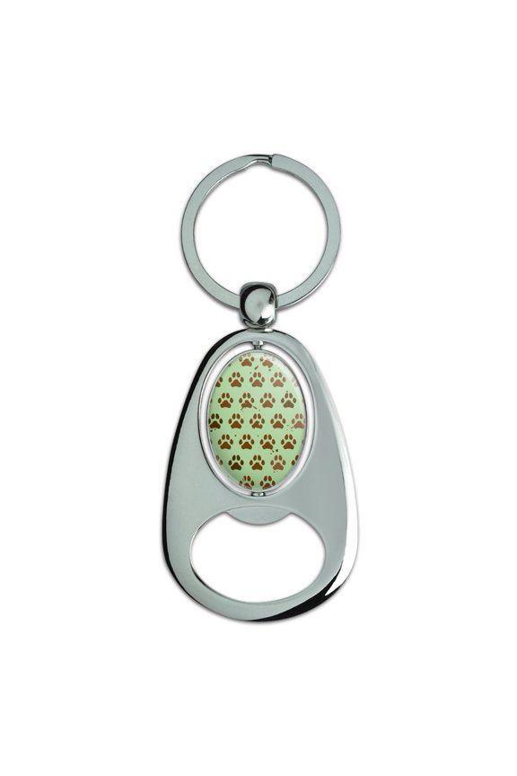 Muddy Dog Paw Print Pattern Keychain Chrome Metal Spinning Oval Bottle Opener
