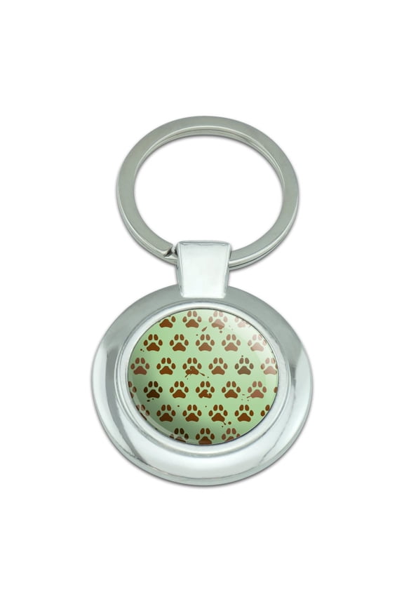 Muddy Dog Paw Print Pattern Keychain Classy Round Chrome Plated Metal