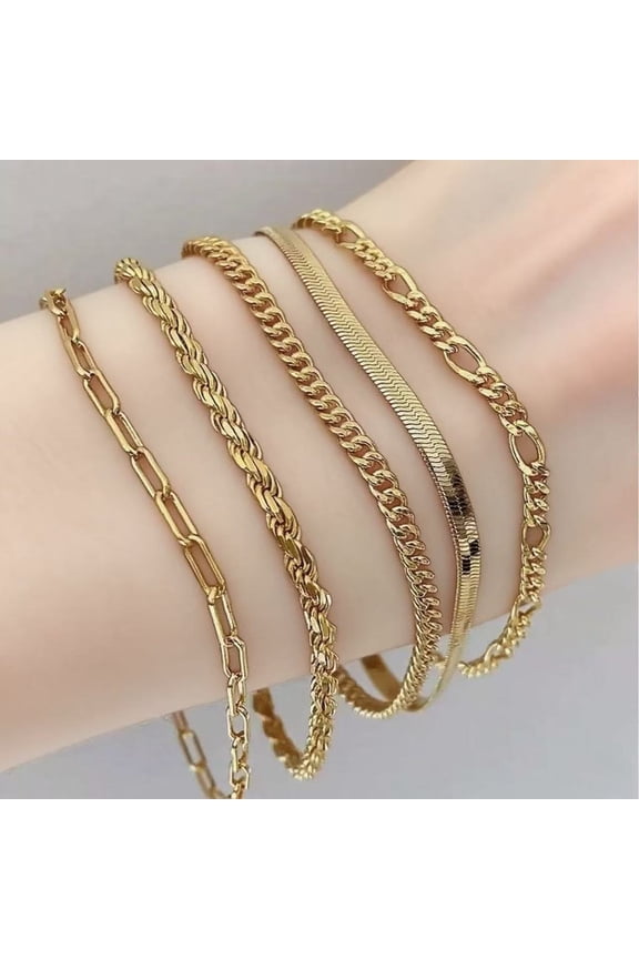 Waterproof ，Non-Tarnish Gold Bracelets for Women, Thin Stackable Cuban Link & Paperclip Chain Fashion Jewelry Set, 6.5" + 2" Extender