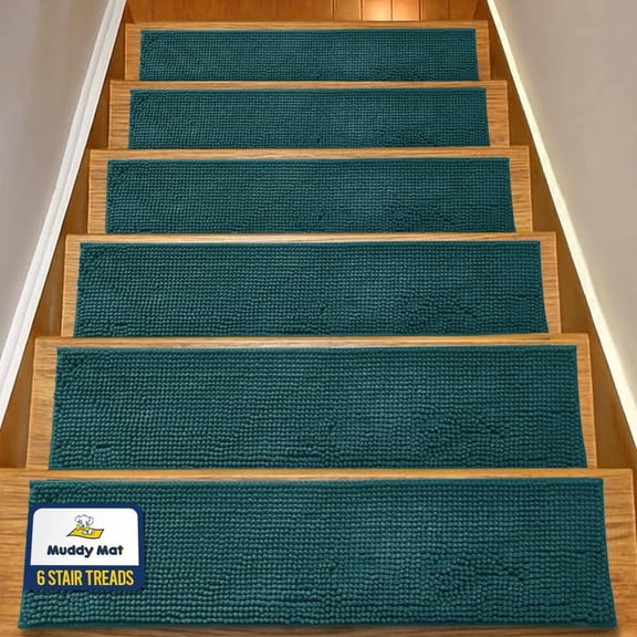 Muddy Mat® Pack of 6 - Soft Chenille Stair Treads Non-Slip Reusable, Super Absorbent Stair Treads for Wooden Steps, Tile & Marble floor, Easy to Install & Machine Washable - Atlantic Blue 30'' x 7''