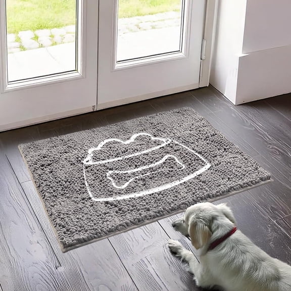 Muddy Mat® Pet Bowl Dog Door Embroidery Mat Super Absorbent Microfiber Indoor Outdoor mat for Muddy Paws, Non-Slip Washable Pet Rug, Quick Dry Chenille Entryway Carpet, Machine Washable– Grey 19”x30”