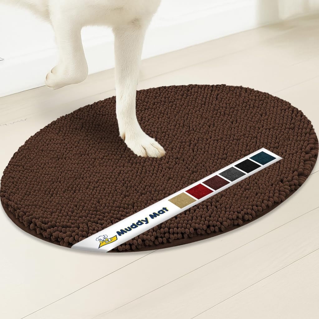 Muddy Mat® Shown on TV Super Absorbent Microfiber Dog Door Mat for Muddy Paws, Non-Slip Washable Pet Rug, Quick Dry Chenille Entryway Carpet,Machine Washable Indoor Outdoor Mat, Brown Oval 3ft x 5ft