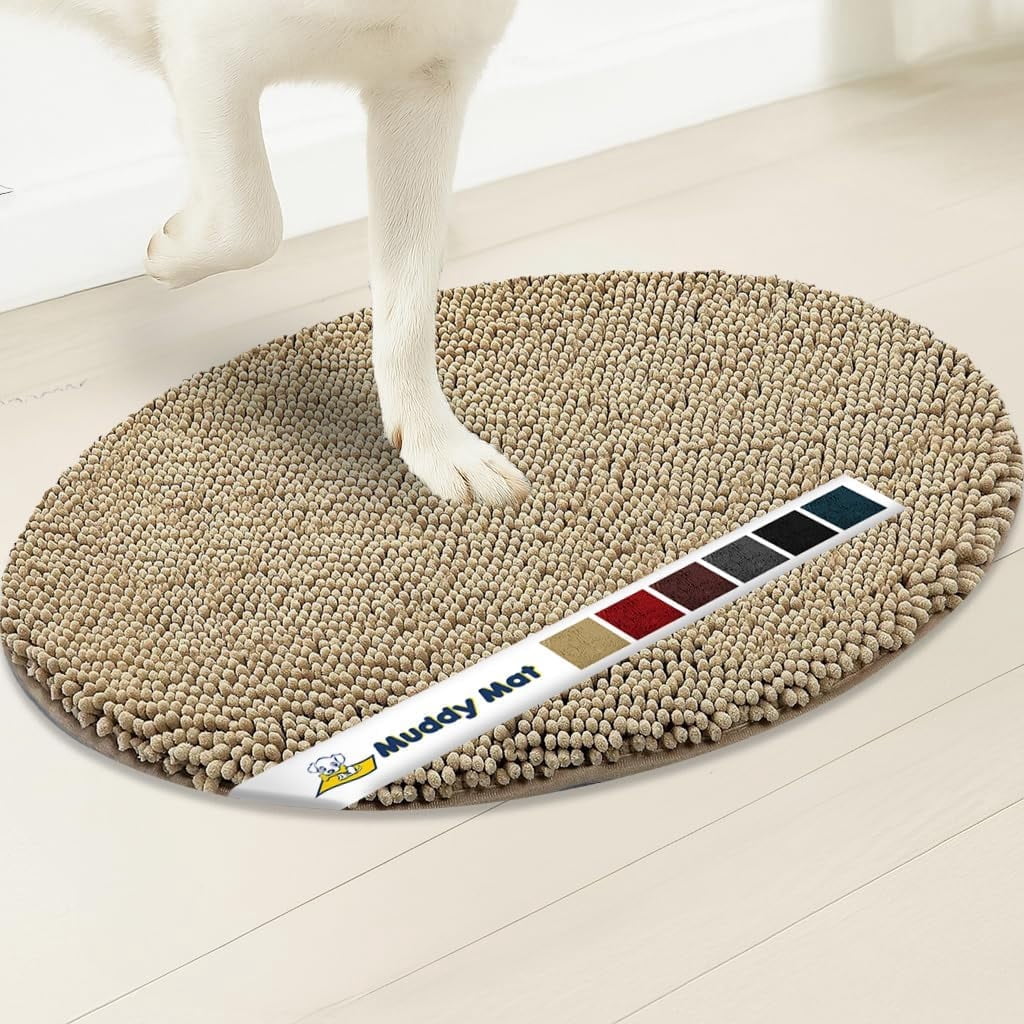Muddy Mat® Shown on TV Super Absorbent Microfiber Dog Door Mat for Muddy Paws, Non-Slip Washable Pet Rug, Quick Dry Chenille Entryway Carpet,Machine Washable Indoor Outdoor Mat, Beige Oval 3ft x 5ft