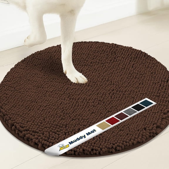 Muddy Mat® Shown on TV – Super Absorbent Microfiber Dog Door Mat for Muddy Paws, Non-Slip Washable Pet Rug, Quick Dry Chenille Entryway Carpet, Machine Washable Indoor Outdoor Mat, Brown Round 4ft