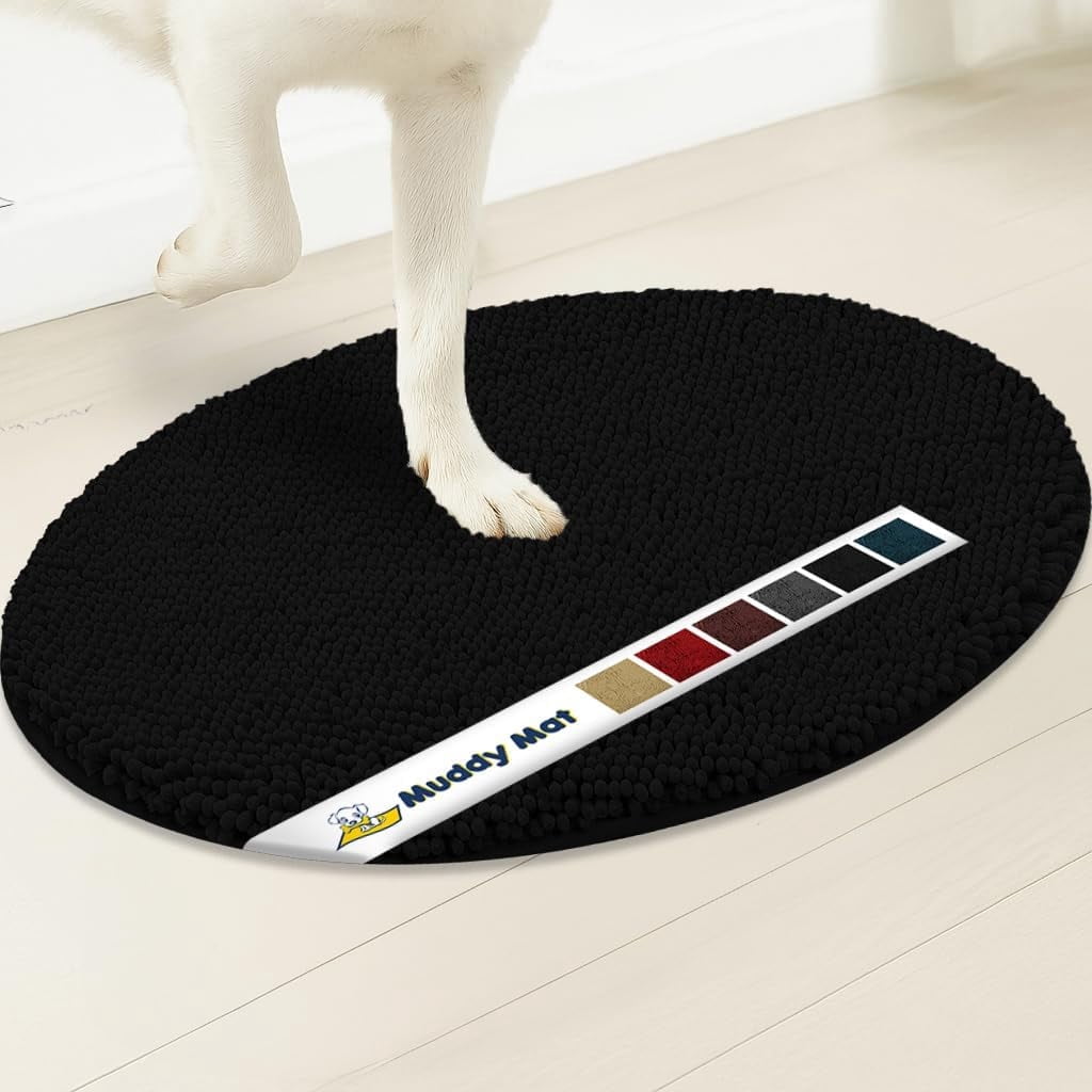 Muddy Mat® Shown on TV Super Absorbent Microfiber Dog Door Mat for Muddy Paws, Non-Slip Washable Pet Rug, Quick Dry Chenille Entryway Carpet,Machine Washable Indoor Outdoor Mat, Black Oval 3ft x 5ft