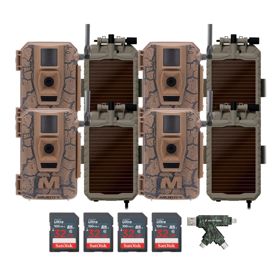 Muddy Mitigator Cellular 24MP Imaging Trail Camera (4-Pack) Bundle with 4x 5000mAh Lithium-Ion Solar Battery, 4x 32GB Memory Card, and Card Reader (13 Items)