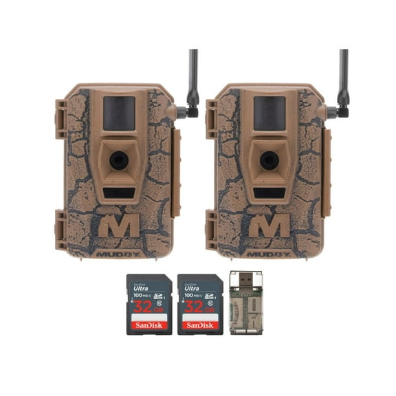 Muddy Mitigator Cellular 24MP Imaging Trail Camera with 80 Feet Detection and Flash Range (2-Pack) Bundle with 32GB Ultra SDHC UHS-I Memory Card (2-Pack) and High Speed Card Reader (5 Items)