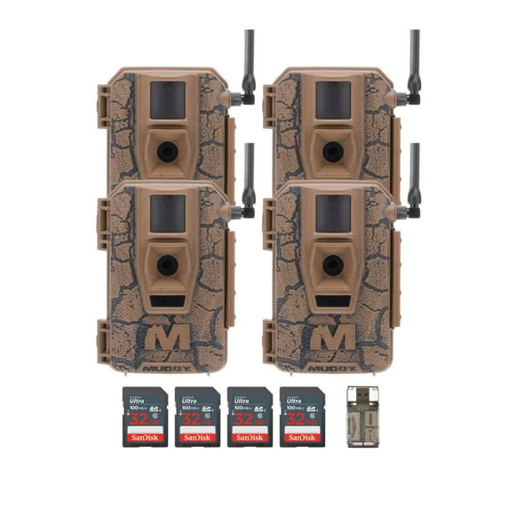 Muddy Mitigator Cellular 24MP Imaging Trail Camera with 80 Feet Detection and Flash Range (4-Pack) Bundle with 32GB Ultra SDHC UHS-I Memory Card (4-Pack) and Focus High Speed Card Reader (9 Items)