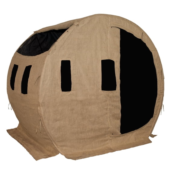 MUDDY Bale Blind | 82"W x 64"L x 73"H Durable Outdoor Hunting Ground Blind Covered with Black-Backed Water-Resistant Denier Fabric + Burlap | 11 Windows with Adjustable Bungees