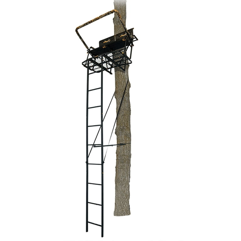 Muddy Outdoors - 12' QUAD POD Steel construction • Height: 12-foot tall •  Exterior 2-rail ladder for easy entry • Padded, full surround 36” high  shooting rail • Metal platform measures 57