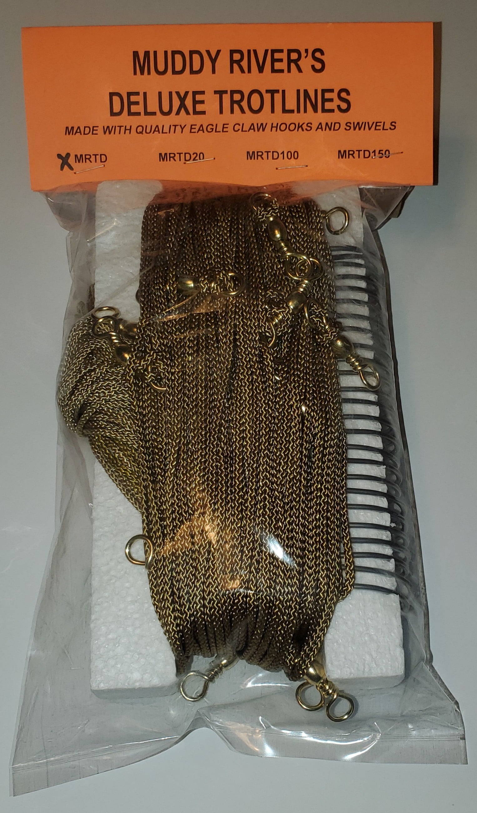 Muddy River Trotline. Complete trotline kit Including Mainline prerigged with swivels, Leader Lines and 7/0 Stainless Steel Hooks., 100 feet