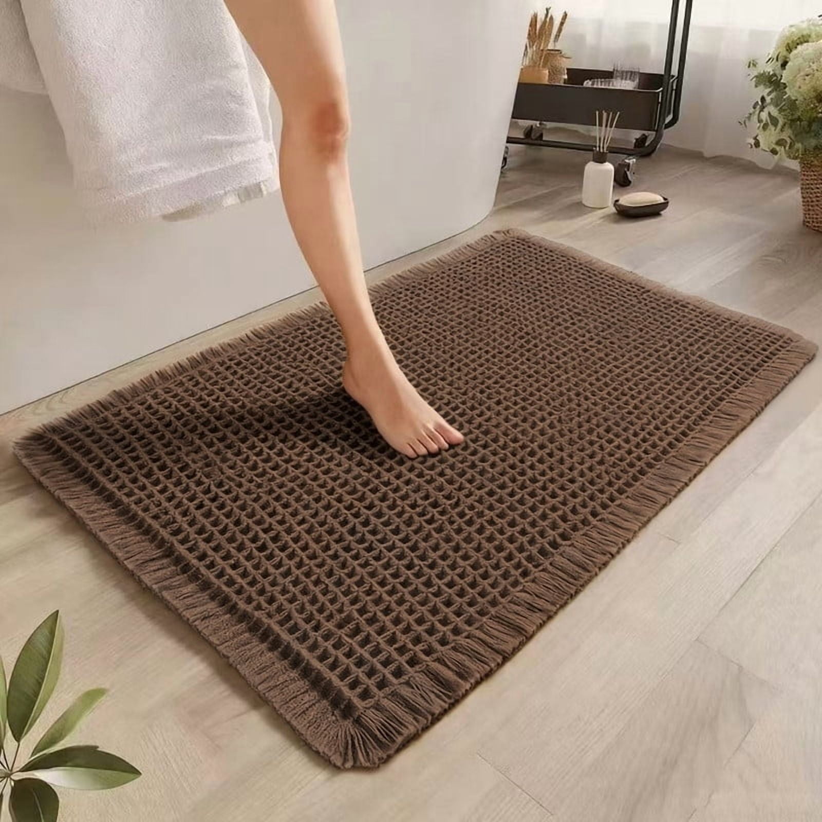 Muddy Rug, Boho Bathroom Decor Rug with Tassels: Waffle Weave Bath Mat, Ultra-Soft, Non-Slip, Super Absorbent & Quick Dry for Bathroom Floor, Machine Washable, 17"x24", Coffee Brown