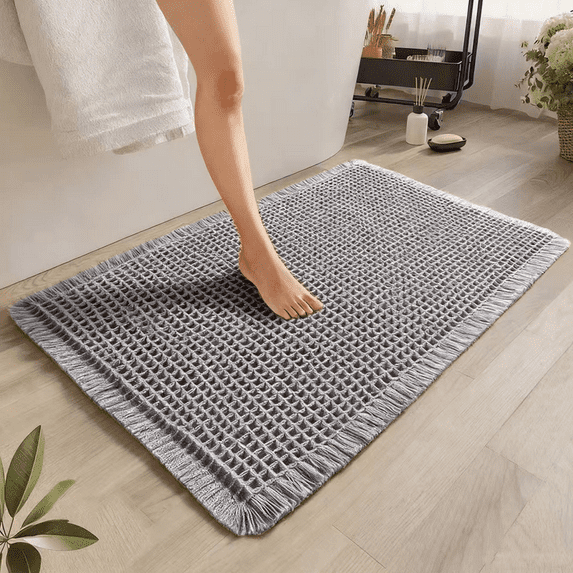 Muddy Rug, Boho Bathroom Decor Rug with Tassels: Waffle Weave Bath Mat, Ultra-Soft, Non-Slip, Super Absorbent & Quick Dry for Bathroom Floor, Machine Washable, 17"x24", Silver Gray