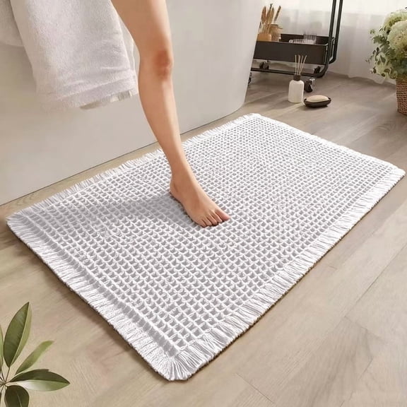 Muddy Rug, Boho Bathroom Decor Rug with Tassels: Waffle Weave Bath Mat, Ultra-Soft, Non-Slip, Super Absorbent & Quick Dry for Bathroom Floor, Machine Washable, 17"x24",Cream White