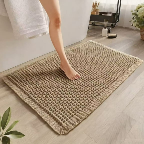 Muddy Rug, Boho Bathroom Decor Rug with Tassels: Waffle Weave Bath Mat, Ultra-Soft, Non-Slip, Super Absorbent & Quick Dry for Bathroom Floor, Machine Washable, 17"x24", Khaki