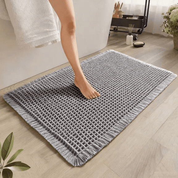 Muddy Rug, Boho Bathroom Decor Rug with Tassels: Waffle Weave Bath Mat, Ultra-Soft, Non-Slip, Super Absorbent & Quick Dry for Bathroom Floor, Machine Washable, 24"x36", Silver Gray