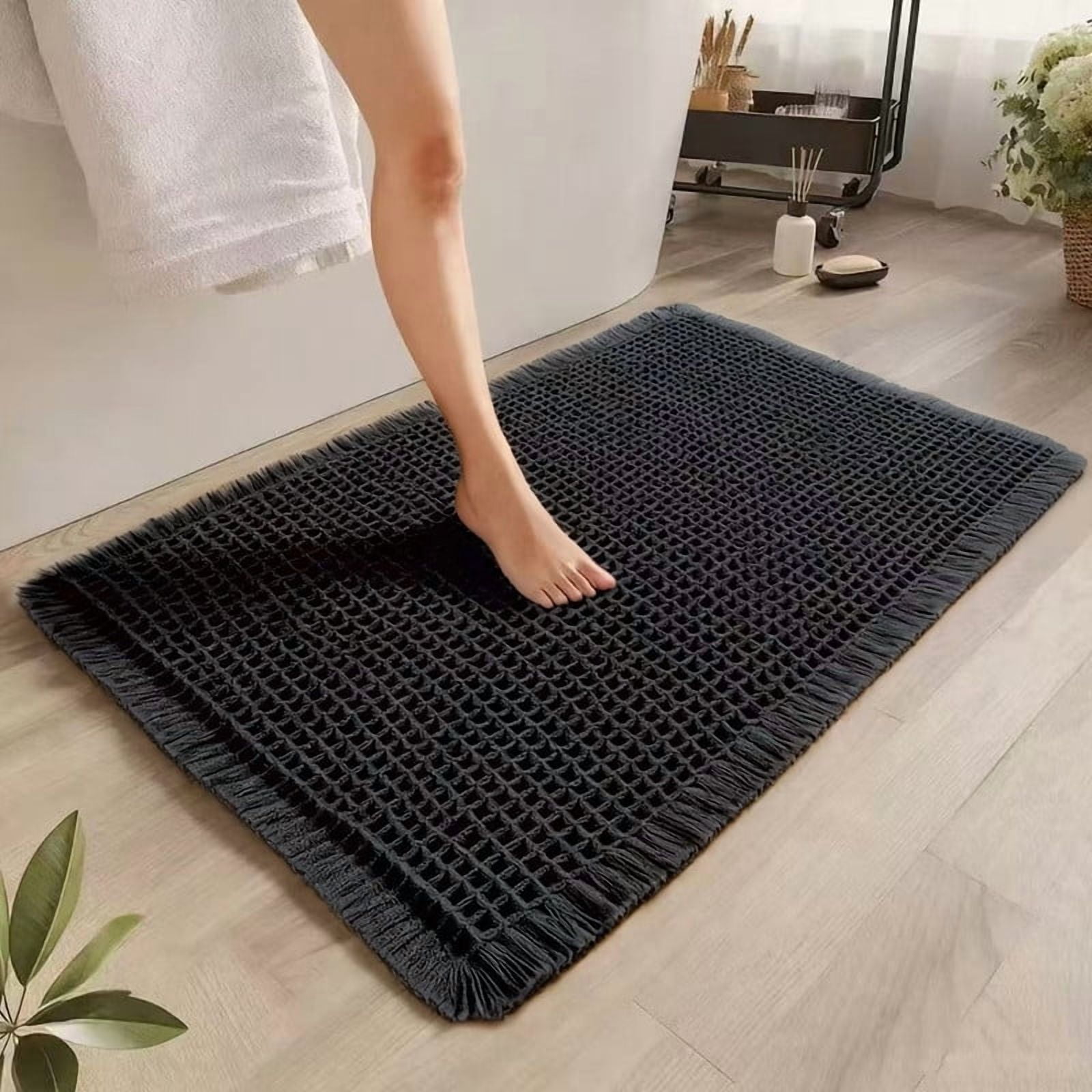 Muddy Rug, Boho Bathroom Decor Rug with Tassels: Waffle Weave Bath Mat, Ultra-Soft, Non-Slip, Super Absorbent & Quick Dry for Bathroom Floor, Machine Washable, 24"x72", Black
