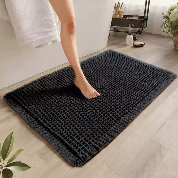 Muddy Rug, Upgraded Waffle Bath Mat, Super Absorbent Non Slip Bathroom Floor Mat - Machine Washable Bathroom Rugs with Tassels, Rubber Backed, Ultra Soft, 17x24 Inch Black