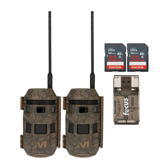Muddy Trifecta 180 Cellular Trail Camera 36MP 1080p (2-Pack, Brown) Bundle with 2 x 32 GB Memory Card and Card Reader (5 items)