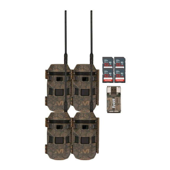 Muddy Trifecta 180 Cellular Trail Camera 36MP 1080p (4-Pack, Brown) Bundle with 4 x 32 GB Memory Card and Card Reader (9 items)