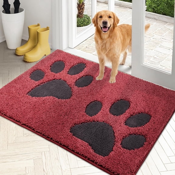 Dog Door Mats for Muddy Shoes and Paws, Non Slip Low-Profile Washable Indoor Doormats, Absorbent Dirt Trapper Entryway Rugs,20"x32" Burgundy Red